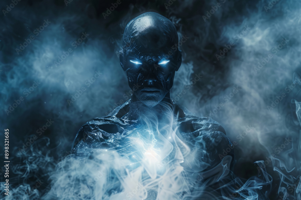 Mystical alien being with glowing eyes and ethereal light in its chest shrouded in swirling mist. Invasion of extraterrestrial and alien abduction concept Mystical alien being with glowing eyes and ethereal light in its chest shrouded in swirling mist. Invasion of extraterrestrial and alien abduction concept