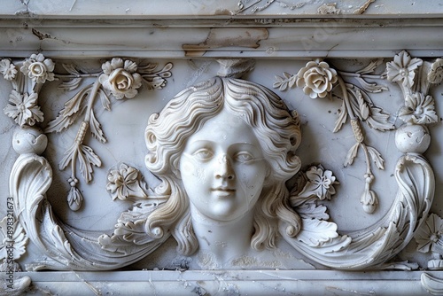 Marble Statue Niche. A frame of elegant, classical marble with sculpted cherubs and floral motifs. 