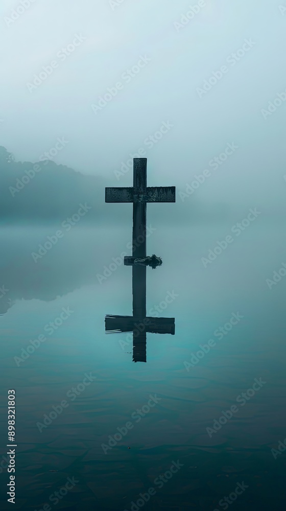 Solitary Cross Over Misty Water at Dawn Solitary Cross Over Misty Water at Dawn