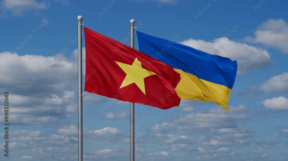 Ukraine and Vietnam flags flying together, video concept of the relationship, two country relations concept Ukraine and Vietnam flags flying together, video concept of the relationship, two country relations concept