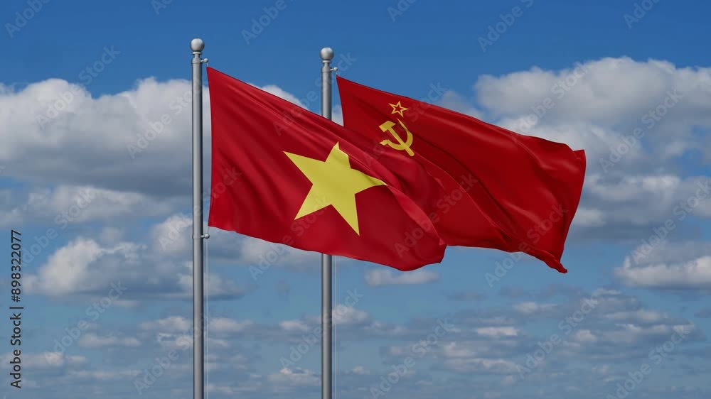 Soviet Union or USSR and Vietnam flags flying together, video concept of the relationship, two country cooperation concept Soviet Union or USSR and Vietnam flags flying together, video concept of the relationship, two country cooperation concept