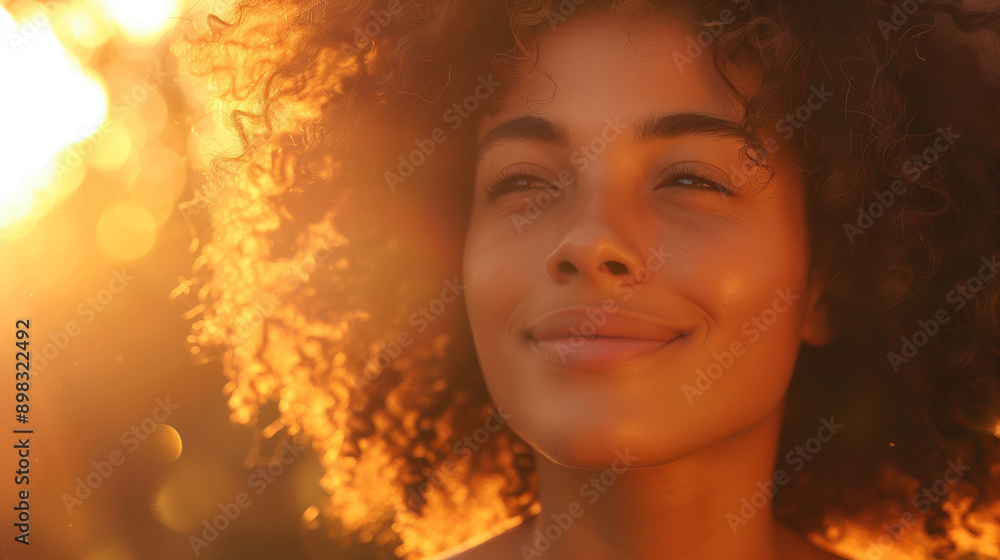 Fototapeta premium A beautiful woman with curly hair, her face bathed in the golden rays of sunlight, smiles gently into the distance, embodying tranquility and joy with an ethereal and radiant presence.