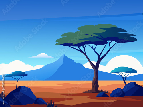 African savannah landscape with trees, rocks, and open grassland under a clear blue sky