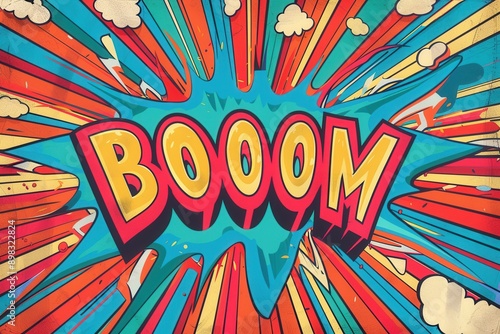 Vibrant comic book explosion with 'BOOOM' in bold letters, colorful pop art style, dynamic visual effect, retro design. photo