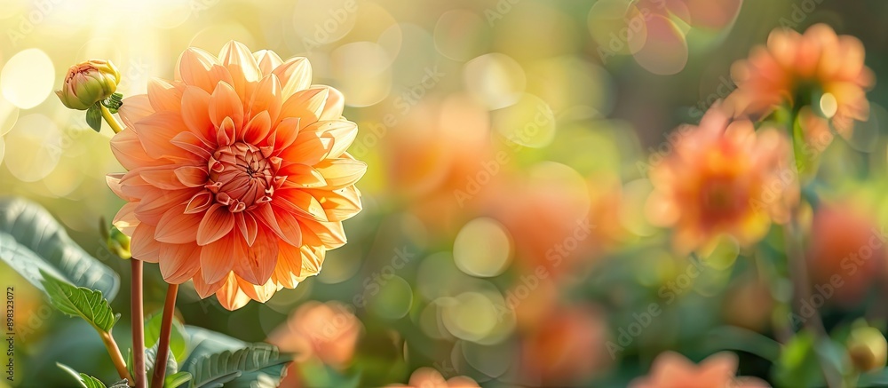 Beautiful orange dahlia blooming in a garden with space for copying images Beautiful orange dahlia blooming in a garden with space for copying images