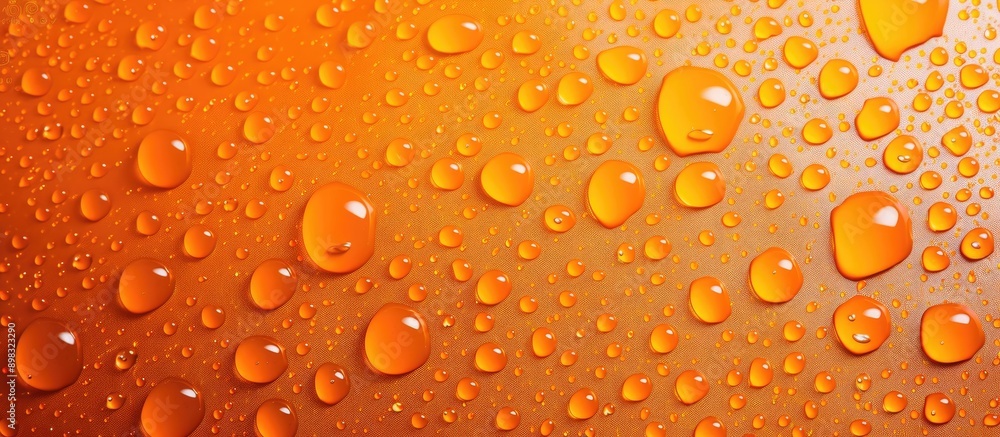 Detailed close up of water droplets on an orange toned background with a plastic PVC or grungy surface creating an abstract texture with bubbles resembling condensed pure water droplets on canvas lea Detailed close up of water droplets on an orange toned background with a plastic PVC or grungy surface creating an abstract texture with bubbles resembling condensed pure water droplets on canvas lea