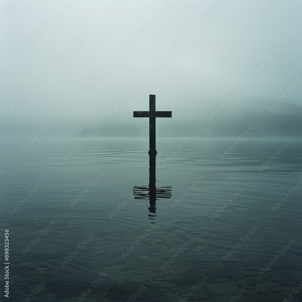 Solitary Cross Over Misty Water at Dawn Solitary Cross Over Misty Water at Dawn
