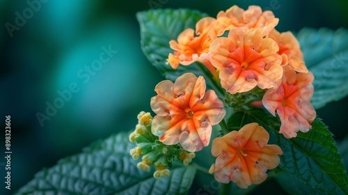  A macrop shot of an orange-yellow flowering plant in foreground, green leaves prominent; background softly blurred photo