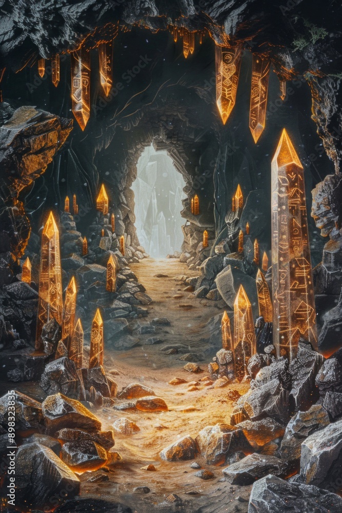 Naklejka premium Mystic Cave Entrance. A frame of rugged rocks, illuminated by glowing crystals. The center is a dark cave opening, with a hint of light at the far end.