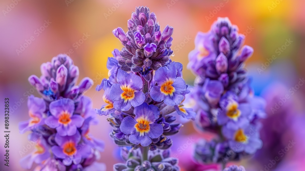 Fototapeta premium A cluster of purple blooms within a flowering plant, backed by yellow and purple blossoms