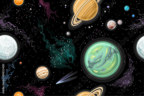 Vector Fantasy Space Card, horizontal astronomical poster with cartoon design planets of solar system, galactic space seamless pattern, decorative futuristic cosmo theme with starry space background