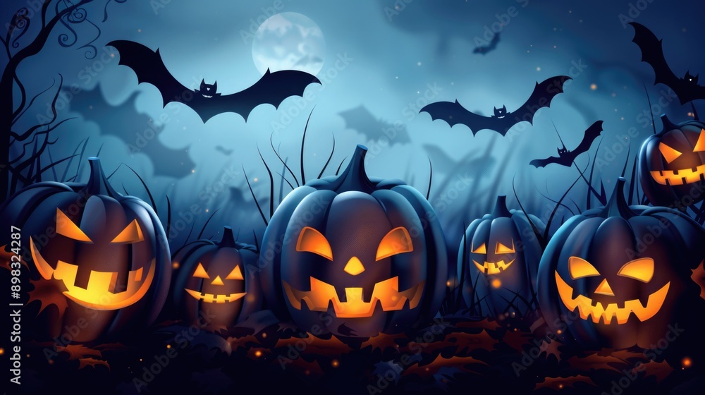 Group of Halloween pumpkins with bats flying in the background Group of Halloween pumpkins with bats flying in the background