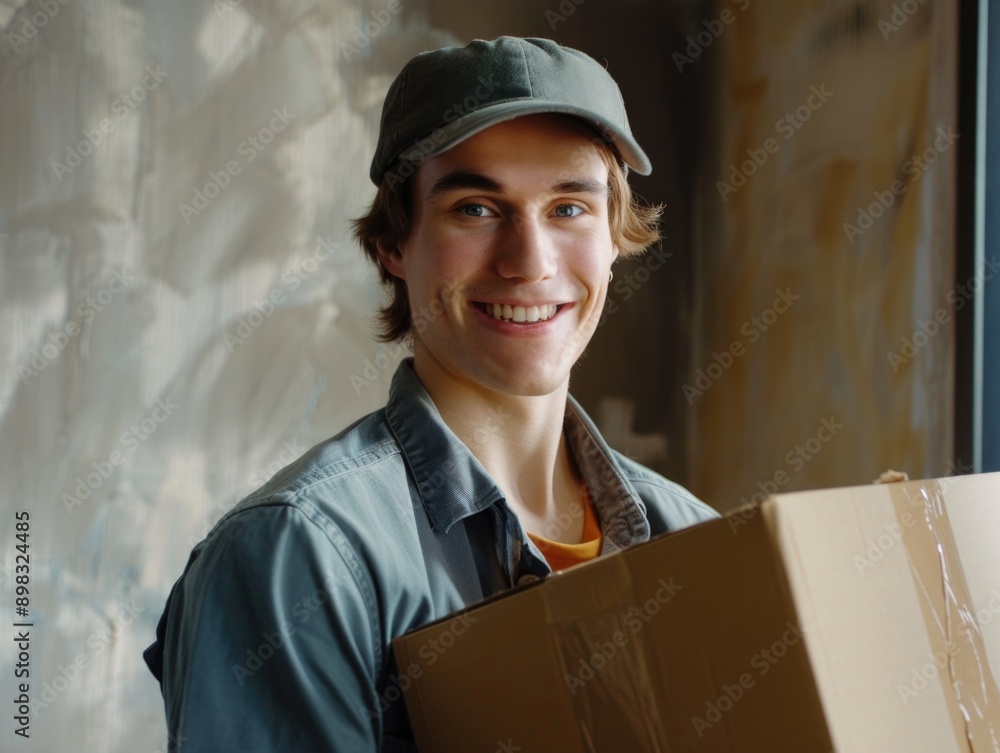 A cheerful young person carrying a cardboard box with a warm smile A cheerful young person carrying a cardboard box with a warm smile