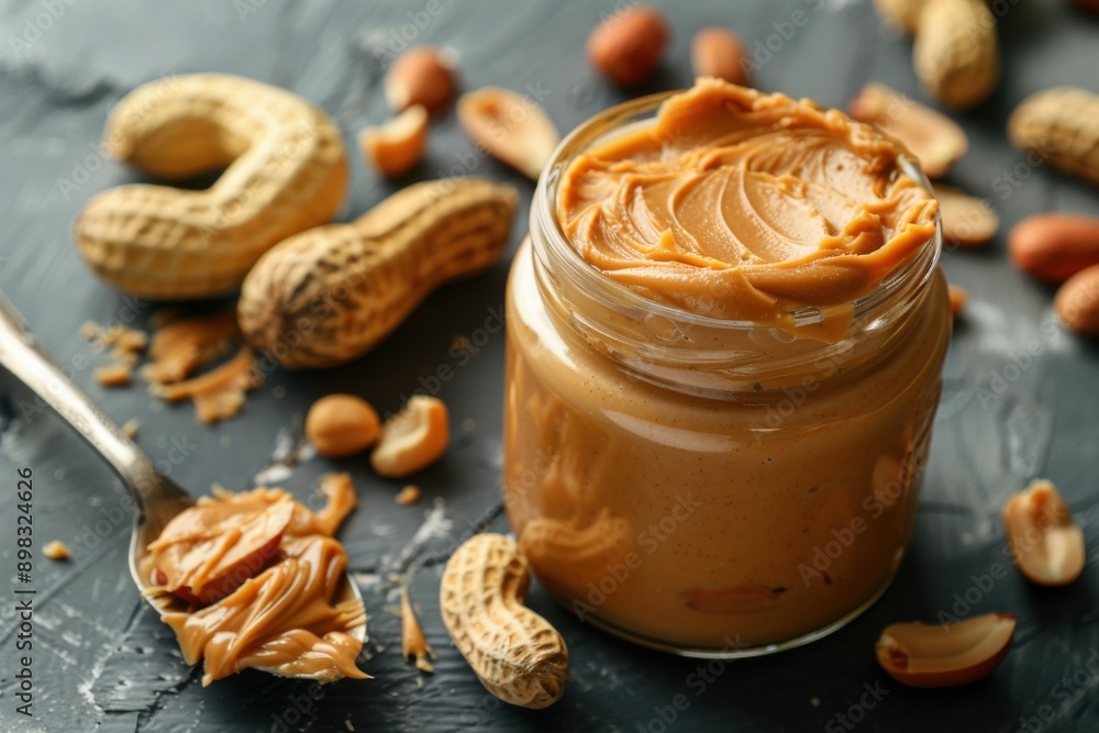 Creamy Peanut Butter in Glass Jar on Kitchen Table. Closeup View with Focus on Spoon Creamy Peanut Butter in Glass Jar on Kitchen Table. Closeup View with Focus on Spoon