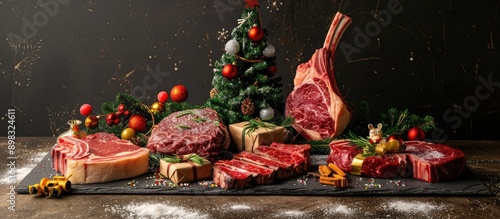 Christmas themed display of assorted raw beef steaks like Ribeye tomahawk T bone on a stone backdrop with tree toys and room for your text in the copy space image