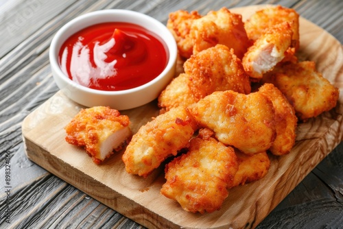 Crispy Chicken Nuggets with Ketchup on White Plate. Delicious Fried Snack