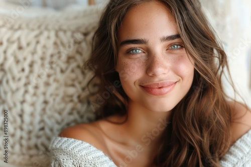 Confident Woman with a Relaxed Grin, Portrait of a Beautiful and Self-Assured Female with Long Brown Hair and Blue Eyes She's Dressed in a Casual White Sweater and Leans Back, Radiating a Sense of