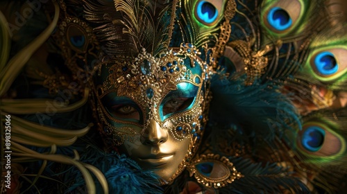 ornate venetian mask adorned with peacock feathers and swarovski crystals swirling gold filigree details vibrant jewel tones dramatic lighting casting intricate shadows