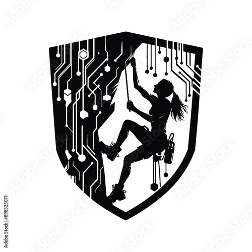 mountain Climbing,  rock climbing  female player in cyberpunk pattern illustration, emblem shield badge