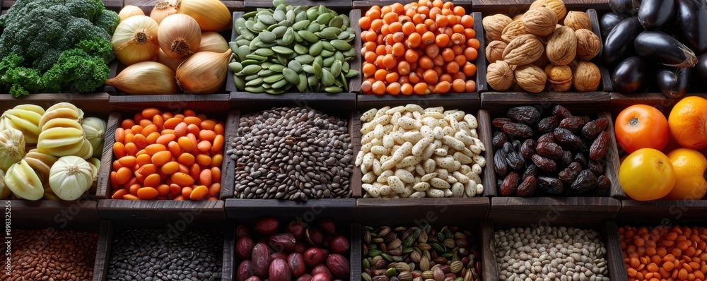 Healthy Superfoods, A Variety of Seeds, Nuts, and Dried Fruits in Wooden Boxes Healthy Superfoods, A Variety of Seeds, Nuts, and Dried Fruits in Wooden Boxes