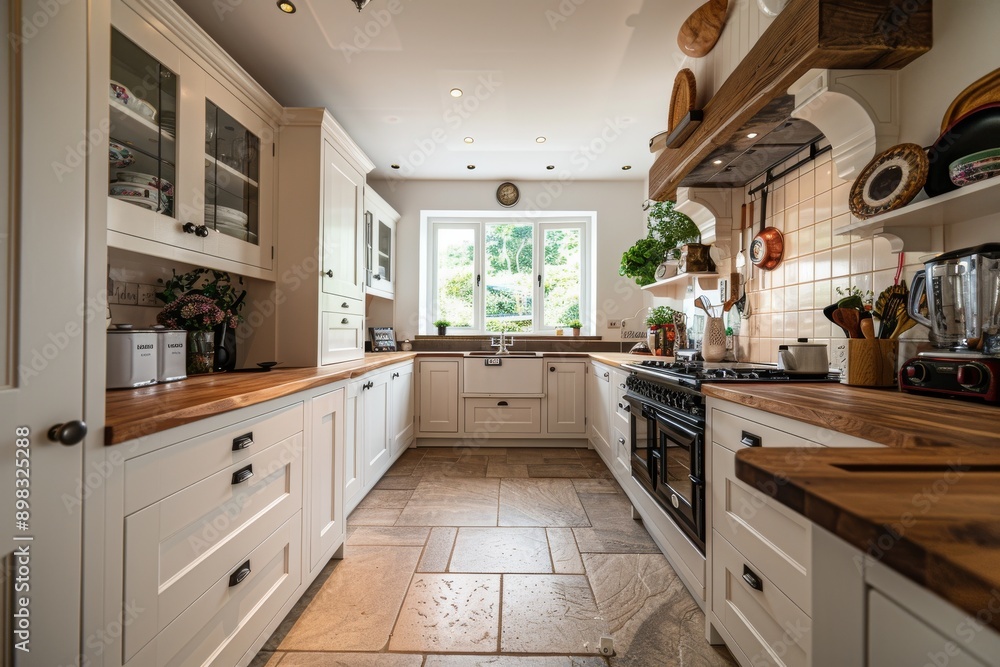Kitchen in new luxury home with hardwood floor and white cabinets Kitchen in new luxury home with hardwood floor and white cabinets