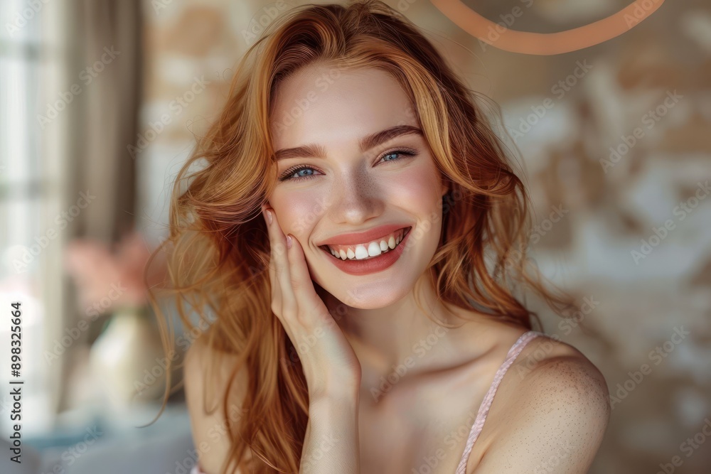 Fototapeta premium Radiant Woman with a Confident Grin, Relaxed and Self-Assured, Exuding Positivity and Joy, Happy Woman Smiling, Beautiful Redhead with Bright Eyes, Natural Beauty, Authentic Expression, Genuine