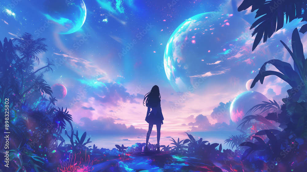 Fototapeta premium A woman silhouetted against a neon galactic sky on a tropical planet, observing multiple planets.