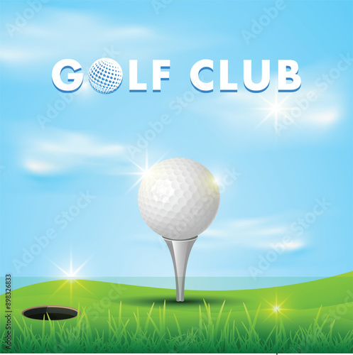 Golf Ball with green grass ground and golf stick