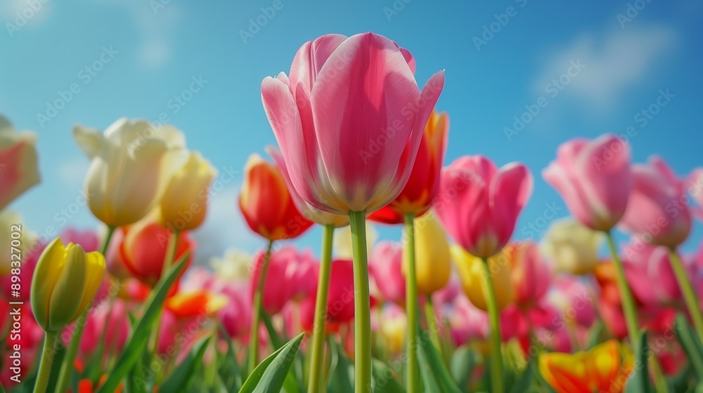 Obraz premium Vibrant Field of Tulips Under a Clear Blue Sky
