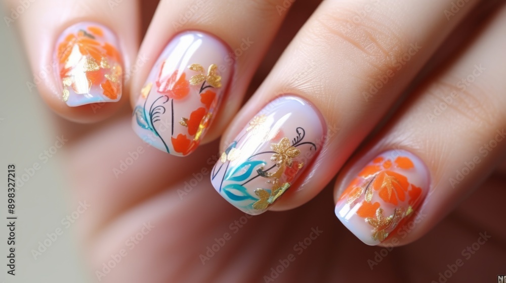 Floral Nail Art Design with Gold Accents. Close-up of Stylish Manicure. Floral Nail Art Design with Gold Accents. Close-up of Stylish Manicure.