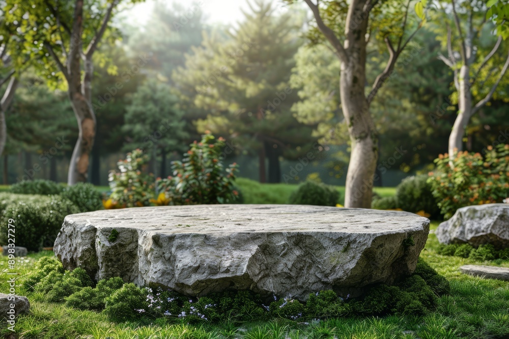 Serene Stone Table in Lush Forest Clearing with Sunlight Filtering Through Trees Serene Stone Table in Lush Forest Clearing with Sunlight Filtering Through Trees