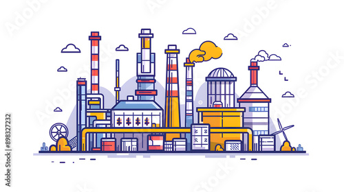 A vibrant illustration of an industrial factory complex with smokestacks, machinery, and clouds, showcasing modern manufacturing.