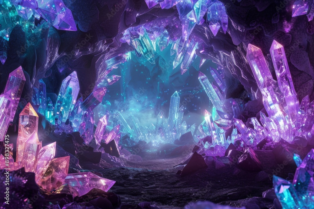 Mystical Crystal Cave. A frame made of shimmering crystals in hues of amethyst, sapphire, and emerald, with light refracting through them. The center is a blank, dark cave space Mystical Crystal Cave. A frame made of shimmering crystals in hues of amethyst, sapphire, and emerald, with light refracting through them. The center is a blank, dark cave space