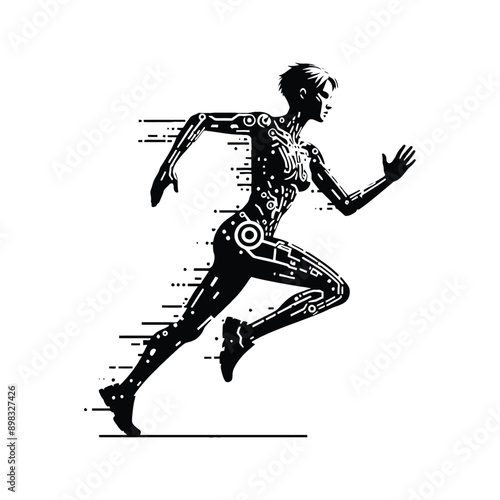 Running  female player in cyberpunk pattern illustration, emblem shield badge