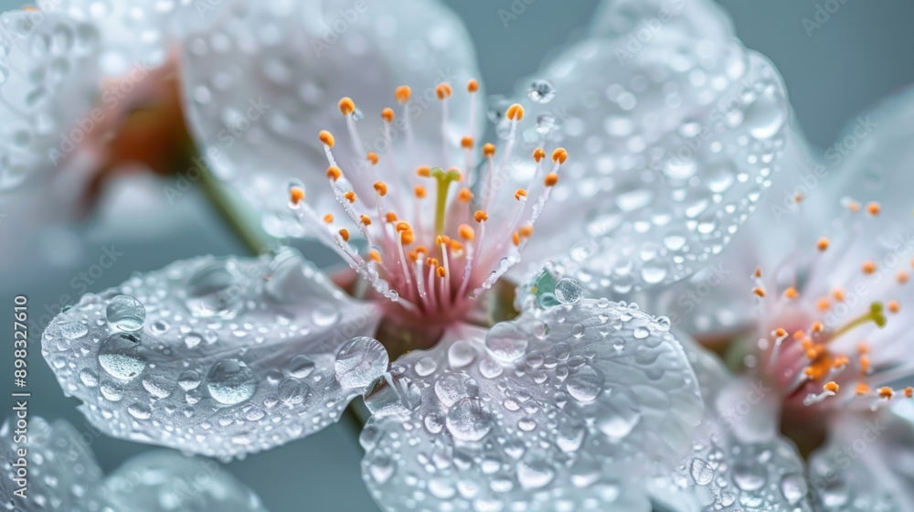 A tight shot of white flowers, each droplet of water magnified, and a central green stem A tight shot of white flowers, each droplet of water magnified, and a central green stem