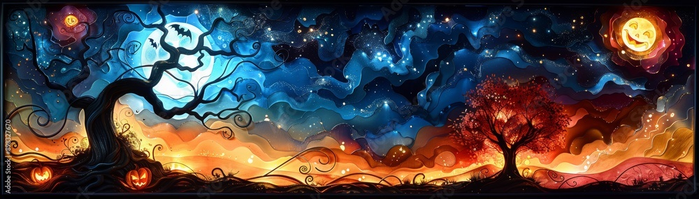 Spooky Halloween Stained Glass Landscape with Glowing Pumpkins and Celestial Elements Spooky Halloween Stained Glass Landscape with Glowing Pumpkins and Celestial Elements