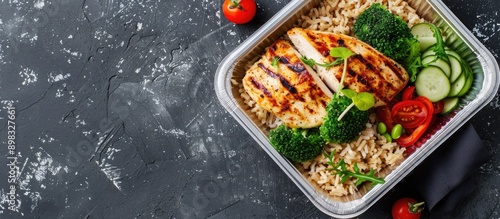 American style meal featuring grilled chicken breast brown rice and fresh veggies presented in a to go container with a striking copy space image