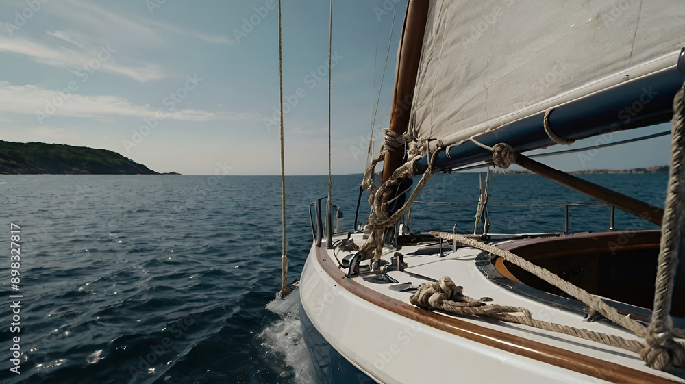 Obraz premium close-up of a sailboat ,isolated photo, Yacht sailing in an open sea at sunset