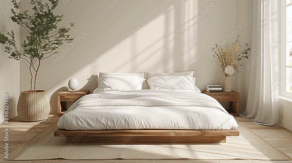 Fototapeta premium Minimalist bed frame and clean linens, bright bedroom with neutral colors and uncluttered space.