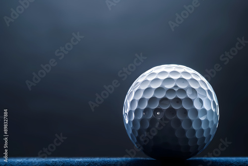 Macro golf ball on dark blue background, space for text.