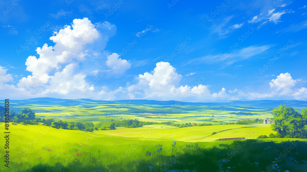 Obraz premium Expansive grassy fields beneath a blue sky with white clouds, wide format.