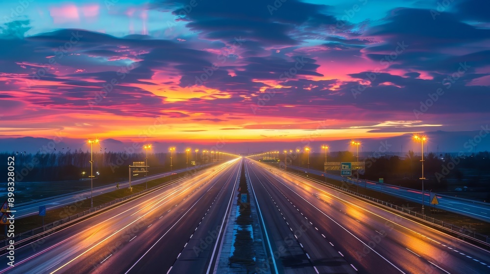 A high-quality photograph of a highway at twilight, with the streetlights creating a beautiful contrast with the colorful sky. A high-quality photograph of a highway at twilight, with the streetlights creating a beautiful contrast with the colorful sky.