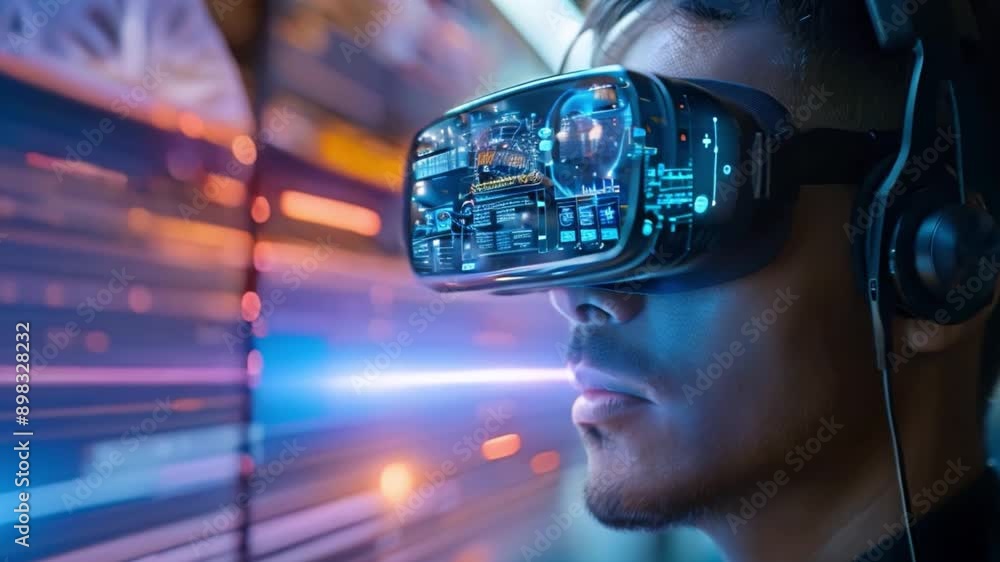 A man wearing a virtual reality headset looks intently at the screen, immersed in a cybersecurity training module. A man wearing a virtual reality headset looks intently at the screen, immersed in a cybersecurity training module.