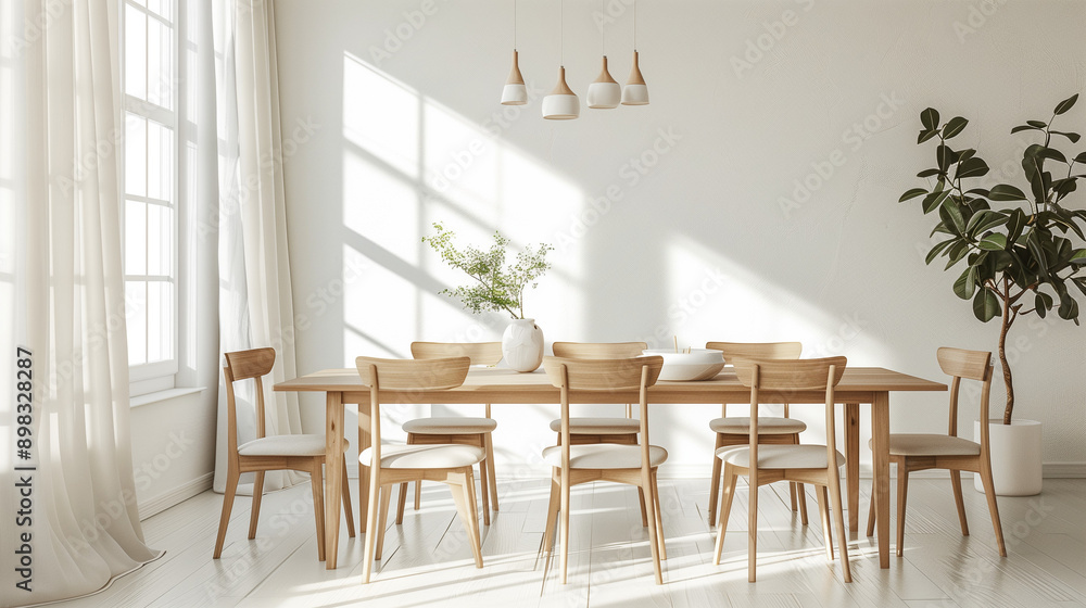 Natural light in a bright white dining room, highlighting a wooden dining table and minimalistic chairs.
Natural light in a bright white dining room, highlighting a wooden dining table and minimalistic chairs.