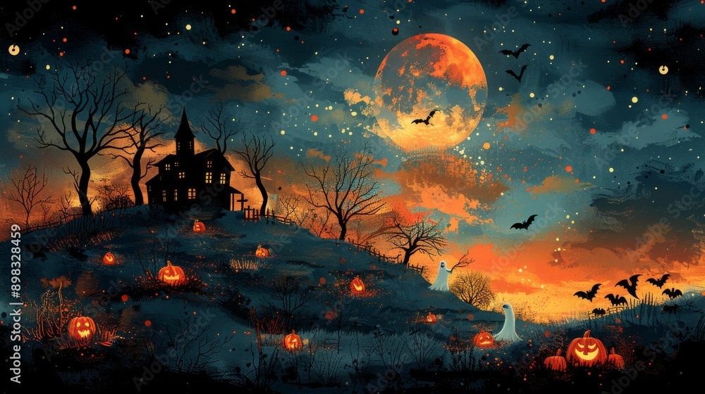 Haunted House on Hill with Full Moon and Ghosts in Eerie Linocut Style Halloween Scene Haunted House on Hill with Full Moon and Ghosts in Eerie Linocut Style Halloween Scene