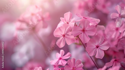  Pink flowers, bathed in sunshine, radiate brilliance behind