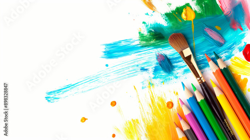 Fototapeta Naklejka Na Ścianę i Meble -  Wallpaper of colorful splash paint and brushes for back to school concept. Stories for social media of abstract background for sale flyers.