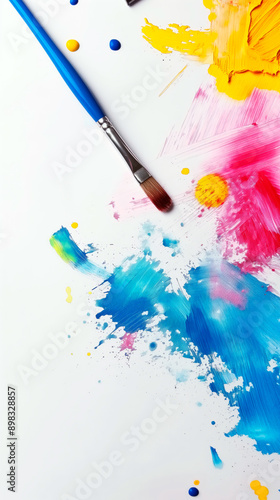 Wallpaper of colorful splash paint and brushes for back to school concept. Stories for social media of abstract background for sale flyers.