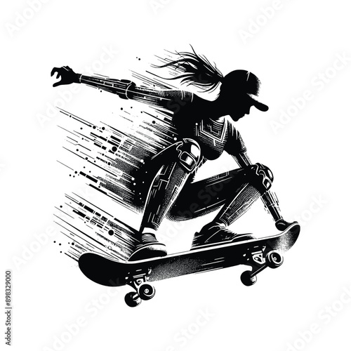 Skateboarding, longboarding  female player in cyberpunk pattern illustration, emblem shield badge