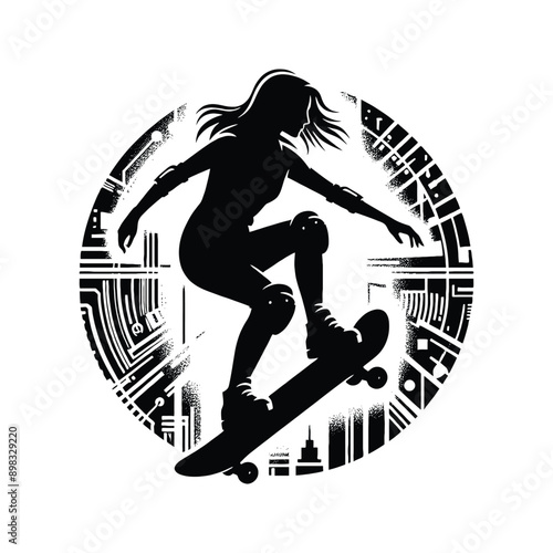 Skateboarding, longboarding  female player in cyberpunk pattern illustration, emblem shield badge